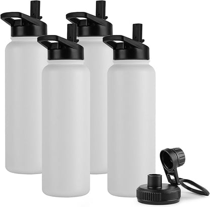 DOMICARE 40 oz Insulated Water Bottle Bulk, Vacuum Insulated Stainless Steel Sports Water Bottle with Straw Lid & Spout Lid, Leakproof, Reusable - Travel, Camping, Bike, White (4 Pack)