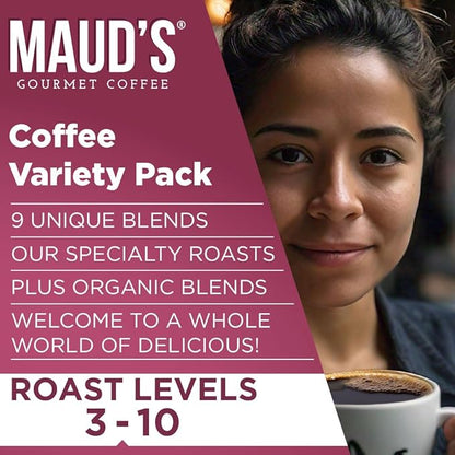 Maud's Original Coffee Pods Variety Pack, 80 ct, 9 Assorted Roasts, Dark & Medium Roast Coffee in Recyclable Single Serve Pods – 100% Arabica Coffee, Compatible with Keurig K Cups Maker