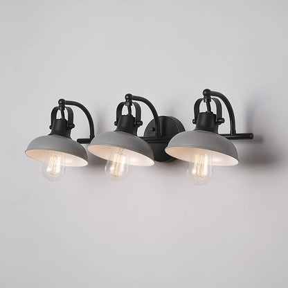 Globe Electric 52065 Gladstone 5-Piece All-In-One Bathroom Set, Matte Black, 3-Light Vanity Light with Matte Gray Metal Shades, Towel Bar, Towel Ring, Robe Hook, Toilet Paper Holder