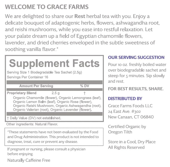 Grace Farms REST Wellness Organic Tea Blend (100 Enveloped Pyramid Sachets w/ String & Tag) | Sleep and Stress Support For Evening | Chamomile Vanilla Tea with Caffeine Free Adaptogens and Mushrooms | Gives Back 100% of Profits