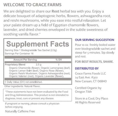 Grace Farms REST Wellness Organic Tea Blend (100 Enveloped Pyramid Sachets w/ String & Tag) | Sleep and Stress Support For Evening | Chamomile Vanilla Tea with Caffeine Free Adaptogens and Mushrooms | Gives Back 100% of Profits
