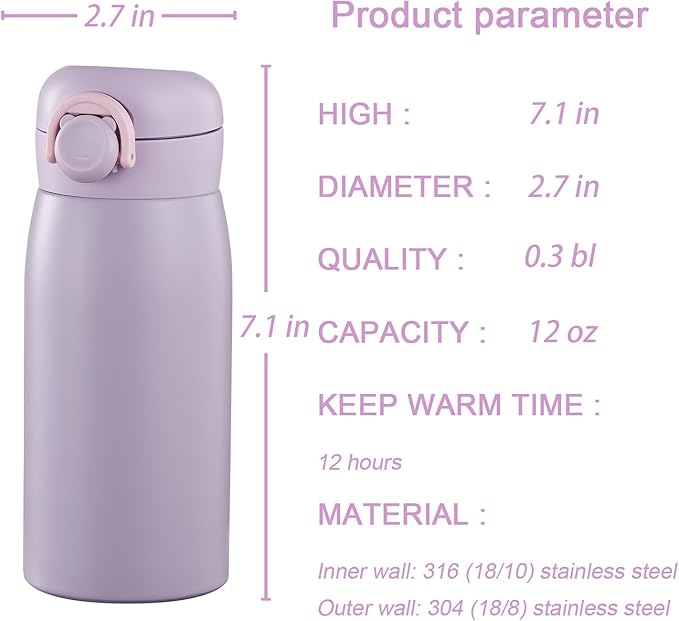 12 oz Mini Water Bottle Small Stainless Steel Thermoses - Insulated Vacuum, Leak Proof, Keeps Drinks Hot/Cold - Ideal for Coffee, beverage, Water - Purple