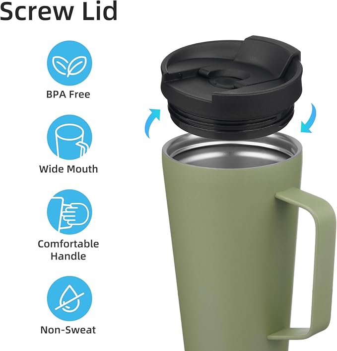 Insulated Tumbler with Handle and Straw, 18 OZ Travel Coffee Mug Stainless Steel Cup Metal Water Bottle,Camp Green