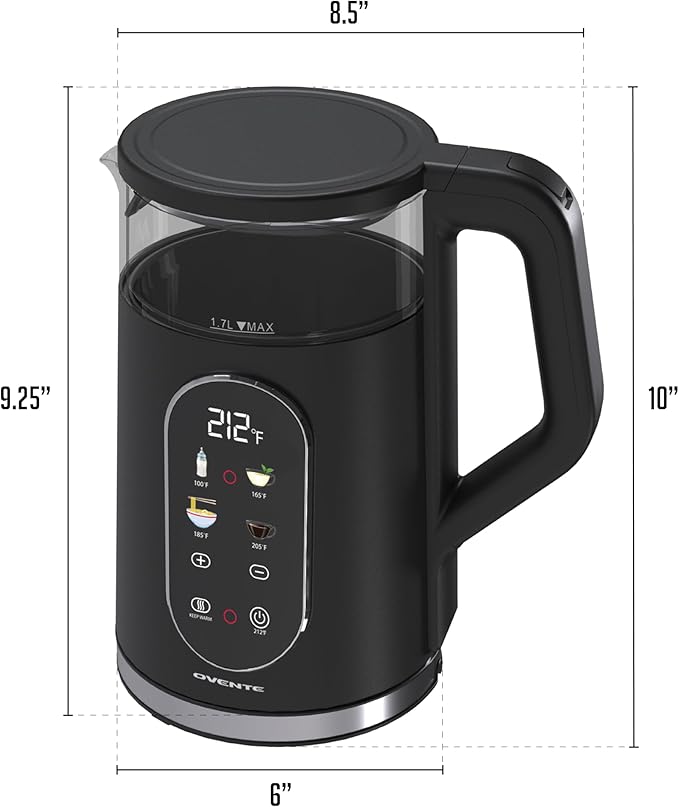 OVENTE Electric Kettle 1500W Fast Boiling Water Heater with 1.7L Double Wall Insulated Borosilicate Glass Interior, Digital Touchscreen, Keep Warm, Auto-Shut Off and Boil-Dry Protection, Black KD96B