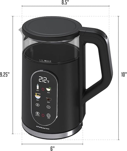 OVENTE Electric Kettle 1500W Fast Boiling Water Heater with 1.7L Double Wall Insulated Borosilicate Glass Interior, Digital Touchscreen, Keep Warm, Auto-Shut Off and Boil-Dry Protection, Black KD96B