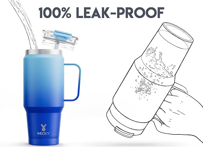 Meoky 32oz Tumbler with Handle, Stainless Steel Travel Mug with 2-in-1 Straw and Sip Lid, Vacuum Insulated Coffee Mug, 100% Leak Proof, Keeps Cold for 24 Hours or Hot for 8 Hours (Sky)