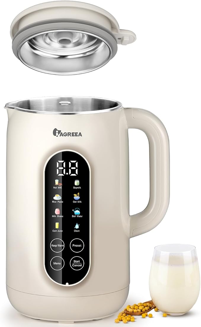 IAGREEA 8 in 1 Nut Milk Maker Machine Stainless Steel Lid BPA Free for Homemade Almond/Oat/Soymilk, 35 oz(1L) Almond Milk Maker Machine with 8 Mins Self-Cleaning, 2 hrs Keep Warm, 750W Stirring Power
