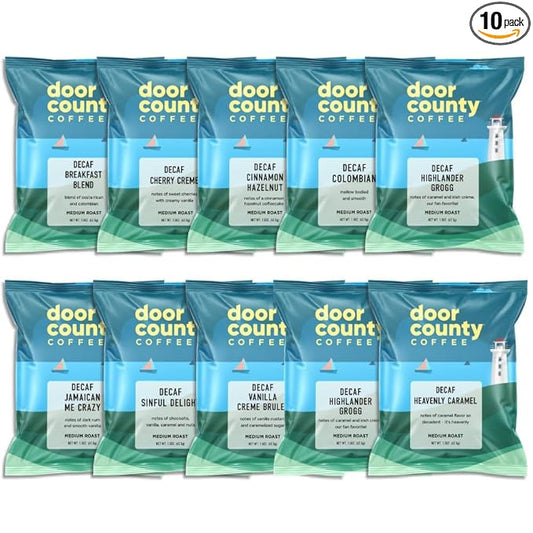 Gourmet Flavored Decaf Coffee Sampler Pack - 10 Bags of Unique Flavored Coffees – 100% Specialty Grade 1 Arabica -1.5 oz Full-Pot Bags - Roasted by Door County Coffee