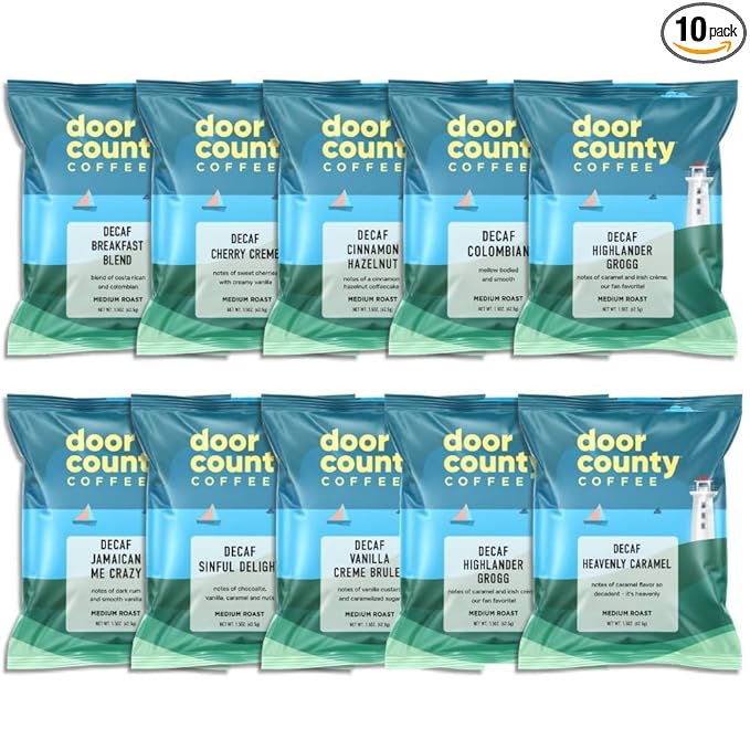 Gourmet Flavored Decaf Coffee Sampler Pack - 10 Bags of Unique Flavored Coffees – 100% Specialty Grade 1 Arabica -1.5 oz Full-Pot Bags - Roasted by Door County Coffee