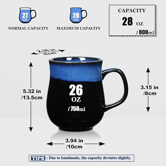 28 Oz Extra Large Ceramic Coffee Mug with Big Handle, Handmade Glazed Oversized Tea Cup for Office and Home, Microwave and Dishwasher Safe, Jumbo Coffee Mugs for Hot and Cold Drinking (Starry Blue)