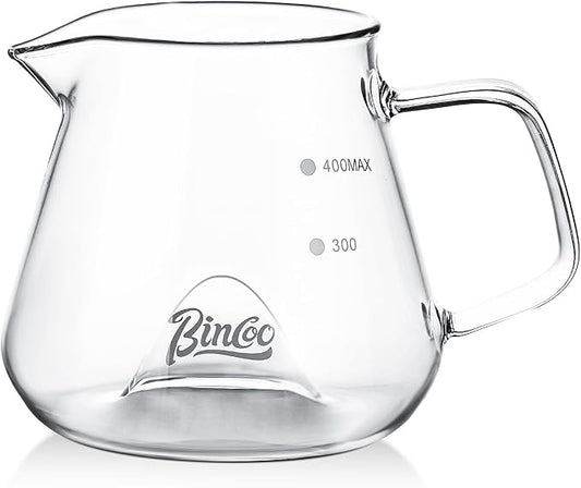 Bincoo Glass Coffee Server 400ml,Heat-Resistant Borosilicate Glass Coffee Carafe with Drip-Free Spout Clear Pitcher for Hot & Cold Beverages,Easy to Clean,Dishwasher Safe(Transparent)