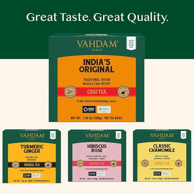 VAHDAM, India's Original Masala Chai Tea Bags (100 Count) No Added Flavoring | Blended w/Exotic Spices | Whole Leaf Tea Bags | Resealable Ziplock Pouch