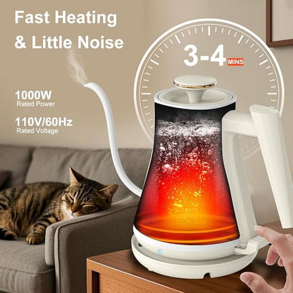 Electric Kettle, Gooseneck Electric Water Kettle for Pour Over Coffee & Tea, 0.8L Quick Heating Small Hot Water Kettle Electric, Stainless Steel, Auto-Off & Boil Dry Protection, Matte White