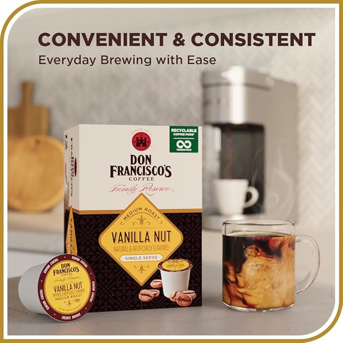 Don Francisco's Vanilla Nut Flavored Coffee - 100 K-Cup Compatible Single-Serve Pods - 100% Arabica - Smooth, Rich Flavor and Nutty Notes - Compatible with Keurig Brewers