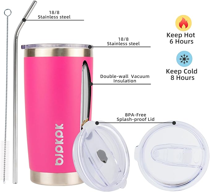 BJPKPK 20 oz Insulated Tumblers With Lid And Straw Travel Coffee Mug Tumbler Cup,Pink