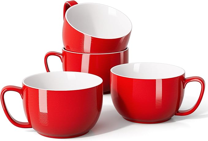 Teocera Red Mugs Set of 4, 24oz Jumbo Mugs, Large Coffee Mugs for Coffee, Hot Cocoa, Tea - Striped Design - Microwave Safe, Christmas Gift