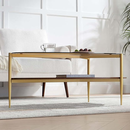 Oval Glass Coffee Table, Mid-Century Modern Design, L43 x W21 x H17 inch, for Living Room, 2-Tier Structure, Amber Glass Top, Walnut Finish Wood Shelf & Gold Finish Frame