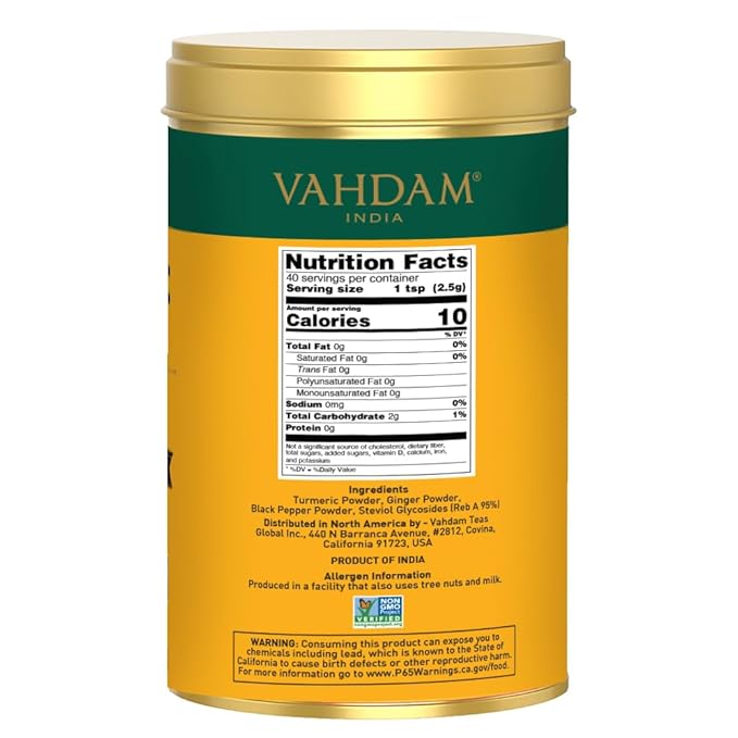 VAHDAM, Golden Milk Powder/Turmeric Ginger Latte Mix (100g, 40 Cups) Caffeine-Free | Powerful Curcumin, Turmeric Powder & Ginger | Brew Hot/Iced Tea