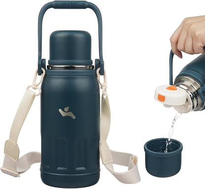 Insulated Water Bottle with Handle and Strap,Vacuum Travel Tumbler with Cup Lid,Thermo Coffee Cup for Hot Cold Drinks 27 OZ,Navy Blue