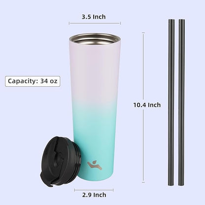 34 OZ Insulated Tumbler with Lid and 2 Straws Stainless Steel Water Bottle Vacuum Travel Mug Coffee Cup,Lavender Green