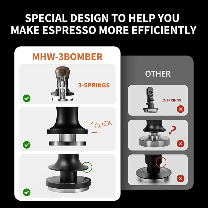 MHW-3BOMBER 58.35mm Calibrated Espresso Tamper 30lbs with Sound Feedback Espresso Tamper Set Comes with Three Additional Bases and A Replacement 20lbs Spring T6175T-OS
