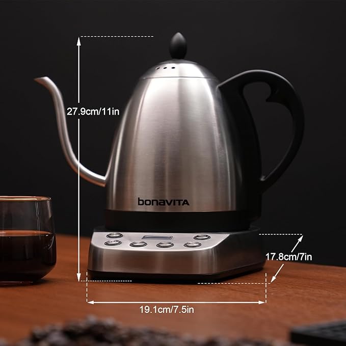 Bonavita Gooseneck Electric Kettle, Stainless Steel Water Boiler, Digital Variable Temp, Precise Pour Control, 6 Preset Temps for Pour-Over Coffee & Tea, Café, Home, 1 Liter, Stainless Steel Base