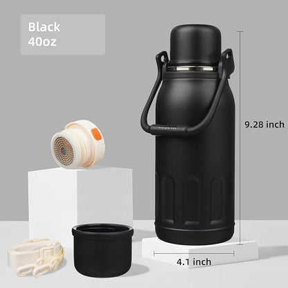 Insulated Water Bottle with Handle and Strap,Vacuum Travel Tumbler with Cup Lid,Thermo Coffee Cup for Hot Cold Drinks 40 OZ,Black