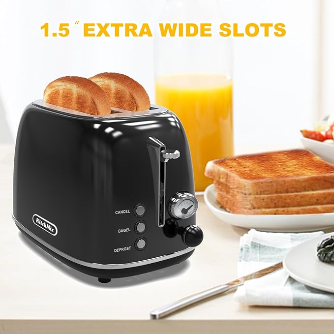Toaster 2 slice,Retro Stainless Steel Toaster with 6 Settings, 1.5 In Extra Wide Slots, Bagel/Defrost/Cancel Function, Removable Crumb Tray (Dark)