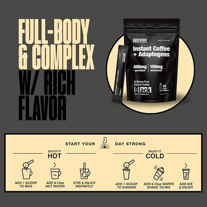 STRONG COFFEE COMPANY, ORGANIC INSTANT BLACK COFFEE – Individual Servings, Extreme Focus, Adaptogen with L-Theanine & Ashwagandha, No Jitters, No Crash (10 Packets)