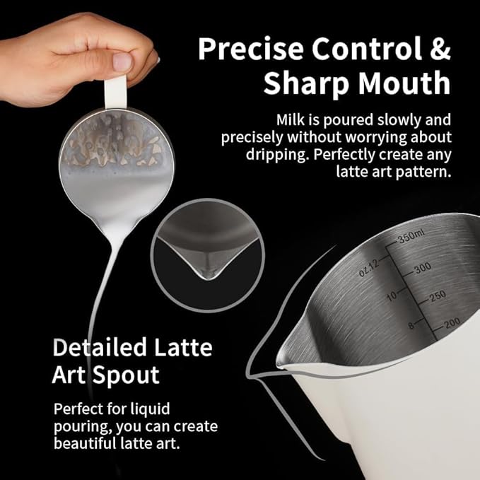 watchget Stainless Steel Milk Frothing Pitcher 12oz/350ml - Espresso Steaming Pitcher for Cappuccino, Latte Art, Coffee Machine Accessories Milk Jug Coffee Frother Cup, Creamy White