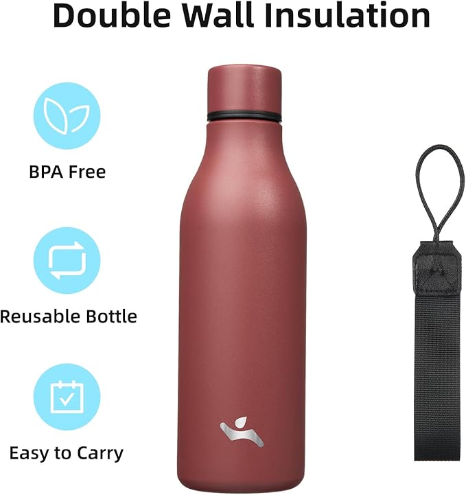 Insulated Water Bottle with Strap,18 oz Double Wall Stainless Steel Vacuum Bottles Metal Water Flask,Brick Red
