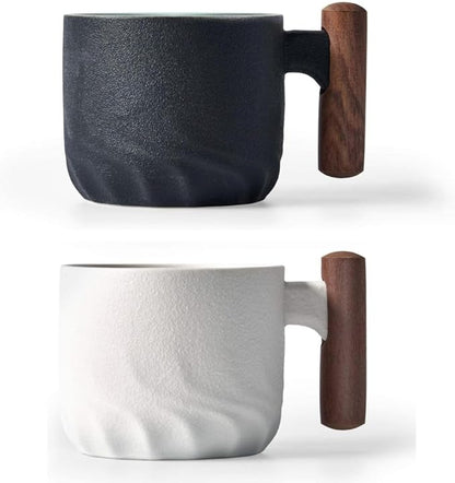 Ceramic Espresso Cup with Wooden Handle, 3oz, Microwave Safe, Porcelain, 2.08x1.85in, Hand Wash Only, Black&White