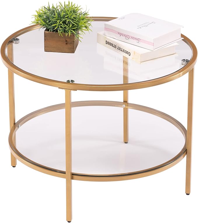VINGLI 25.6" Round Gold Coffee Tables for Living Room, 2-Tier Glass Top Coffee Table with Storage Clear Coffee, Simple & Modern Center Table for Small Space
