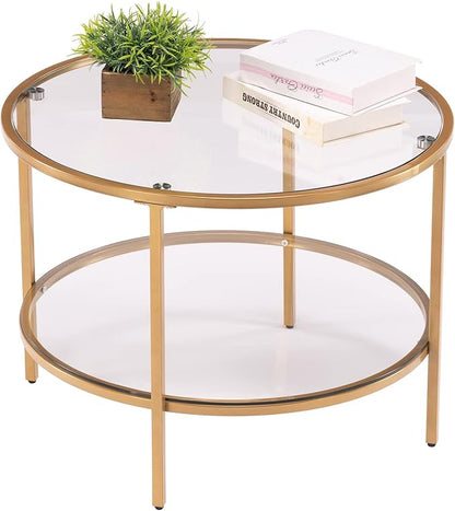 VINGLI 25.6" Round Gold Coffee Tables for Living Room, 2-Tier Glass Top Coffee Table with Storage Clear Coffee, Simple & Modern Center Table for Small Space