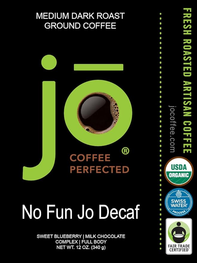 NO FUN JO DECAF: 12 oz, Organic Decaf Ground Coffee, Swiss Water Process, Fair Trade Certified, Medium Dark Roast, 100% Arabica Coffee, USDA Certified Organic, Chemical & Gluten Free by Jo Coffee®