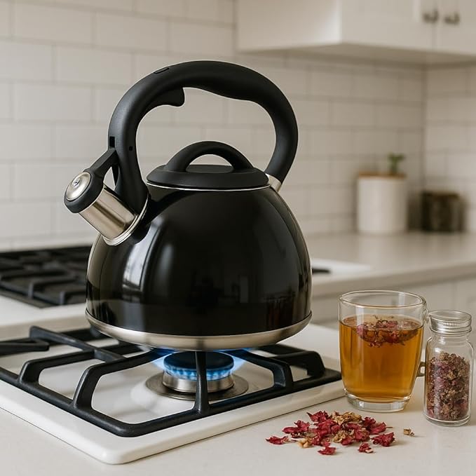 Creative Home 3.5 Quart Whistling Tea Kettle for Stovetop, Food Grade Stainless Steel Tea pot, Fast Boiling Water, Ergonomic Handle, for Gas & Induction, Black
