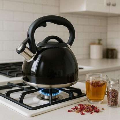 Creative Home 3.5 Quart Whistling Tea Kettle for Stovetop, Food Grade Stainless Steel Tea pot, Fast Boiling Water, Ergonomic Handle, for Gas & Induction, Black