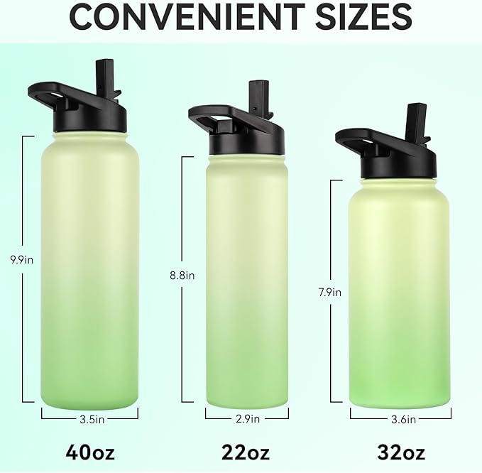 DOMICARE 40 oz Insulated Water Bottle Bulk, Vacuum Insulated Stainless Steel Sports Water Bottle with Straw Lid & Spout Lid, Leakproof, Reusable - Travel, Camping, Bike, Green Gradient (4 Pack)