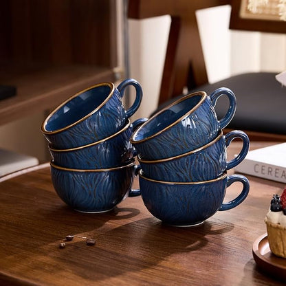 Set of 6 Vintage Design 12 oz Professional Barista Ceramic Latte Art Cappuccino Cups Set (Wave Blue)