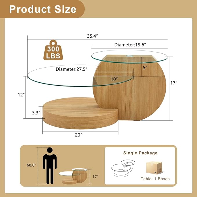 35 Inch Glass Coffee Table，Round Coffee Table with 2-Tier Tempered Glass Tabletop，Easy to Clean Circle Coffee Table with Sturdy Base for Living Room，Office (Wood-Colored Base)
