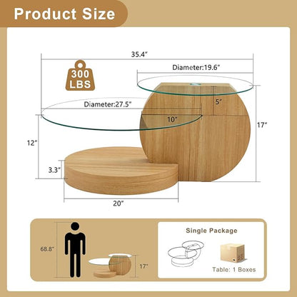 35 Inch Glass Coffee Table，Round Coffee Table with 2-Tier Tempered Glass Tabletop，Easy to Clean Circle Coffee Table with Sturdy Base for Living Room，Office (Wood-Colored Base)