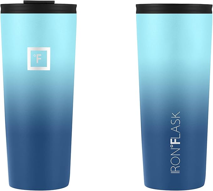 IRON °FLASK Classic Tumbler - Vacuum Insulated Stainless Steel Water Bottle, Double Walled, Drinking Cup, Insulated Travel Mug (Blue Waves, 24 oz Solid Lid)