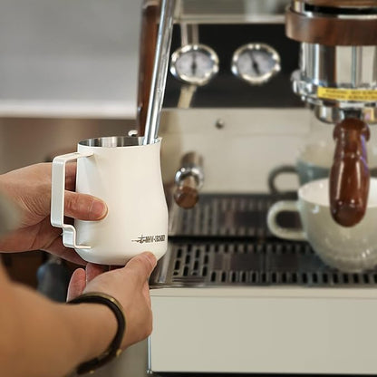 MHW-3BOMBER Milk Frothing Pitcher 520ml/17.6oz Milk Frother Cup Espresso Steaming Pitcher Stainless Steel Milk Frother Cup Barista Latte Art Round Spout Milk Jug, Cream white P6019W-OS