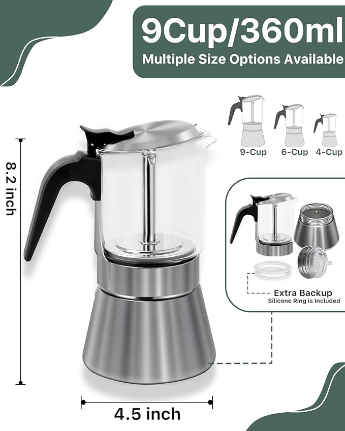 Grasseed Crystal Glass-Top Moka Pot, Brushed Stainless Steel Stovetop Espresso Maker for Italian Coffee - 9 Cup/360ml/12.6oz