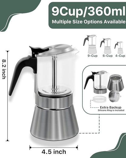 Grasseed Crystal Glass-Top Moka Pot, Brushed Stainless Steel Stovetop Espresso Maker for Italian Coffee - 9 Cup/360ml/12.6oz