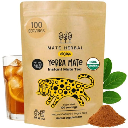 Instant Yerba Mate Tea Powder 5.30 oz (150 g) – Organic Certified USDA – Natural Caffeine – Sugar-Free - Herbal Supplement – 100 Servings per Pack (1-PACK)