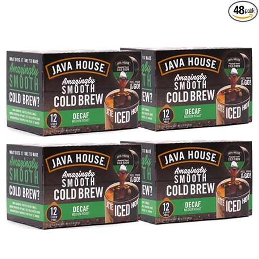 Java House Single-Serve Cold Brew Coffee Pods – Premium 100% Arabica Liquid Concentrate – Smooth & Bold Decaf Roast – 48 Pods – Ready Hot or Iced, Travel-Friendly, TSA Approved