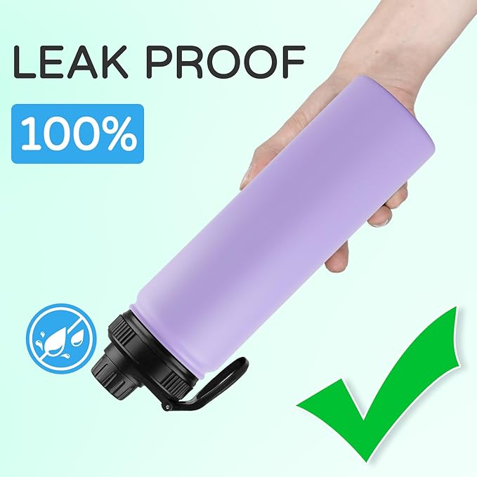 DOMICARE Insulated Water Bottle, 22 oz Vacuum Insulated Stainless Steel Reusable Sports Bottle with Straw Lid & Spout Lid for Travel, Camping, Bike, Leakproof, Purple, 1 Pack