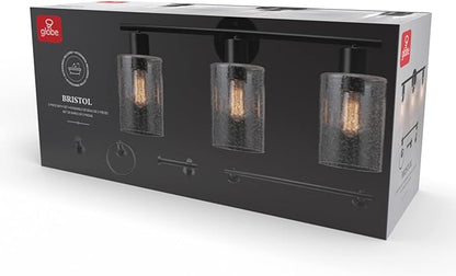 Globe Electric 51851 Bristol 5-Piece All-in-One Bathroom Set, Matte Black, 3-Light Vanity Light with Seeded Glass Shades, Towel Bar, Towel Ring, Robe Hook, Toilet Paper Holder