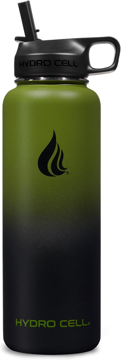 HYDRO CELL Stainless Steel Insulated Water Bottle with Straw - For Cold & Hot Drinks - Metal Vacuum Flask with Screw Cap and Modern Leakproof Sport Thermos for Adults (Army/Black 40oz)